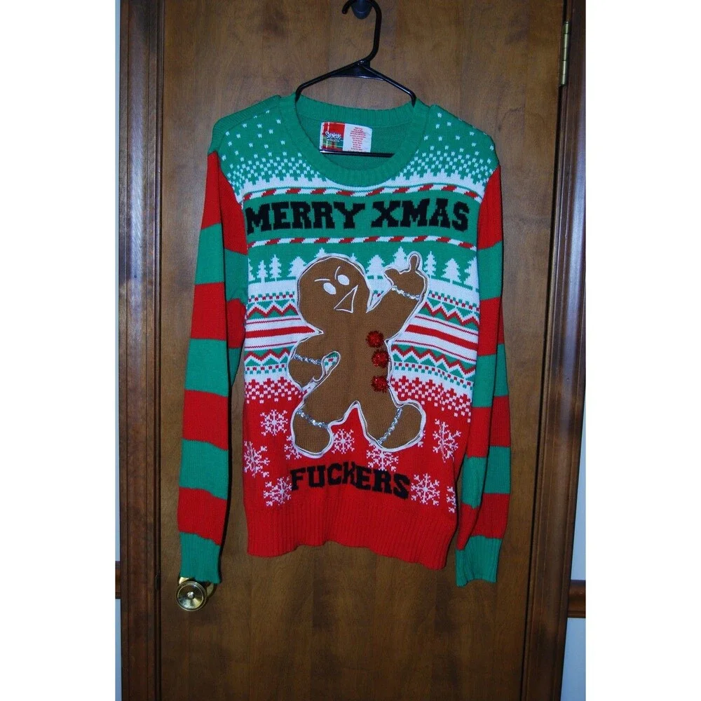 Read - Spencers Men Ugly Sweater L Green Merry Christmas *Eff*ers - Lights